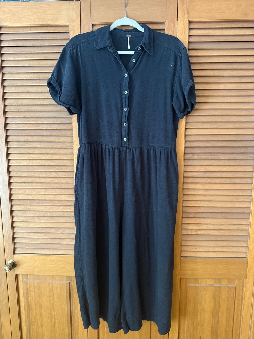 Free People Black Button-Front Linen Jumpsuit